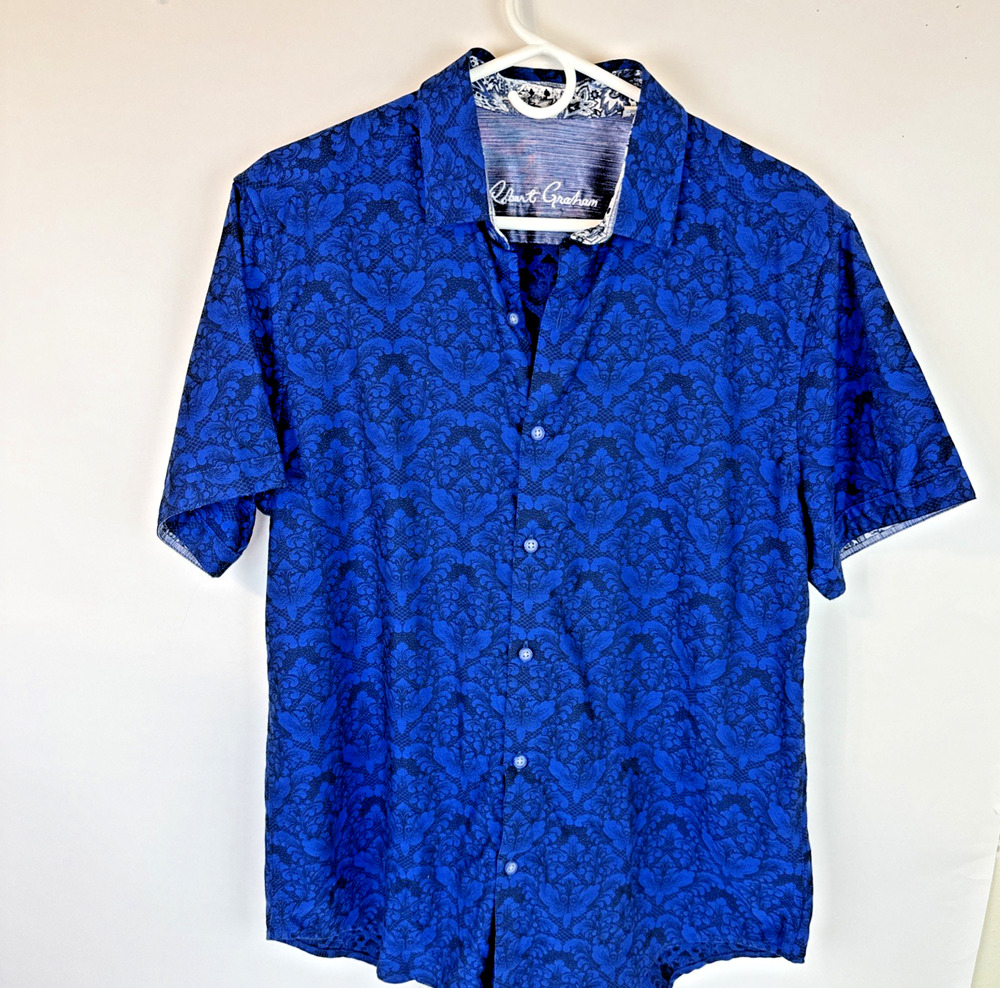 Robert Graham Damask Button Down Short Sleeve Top Blue Classic Fit Large Men